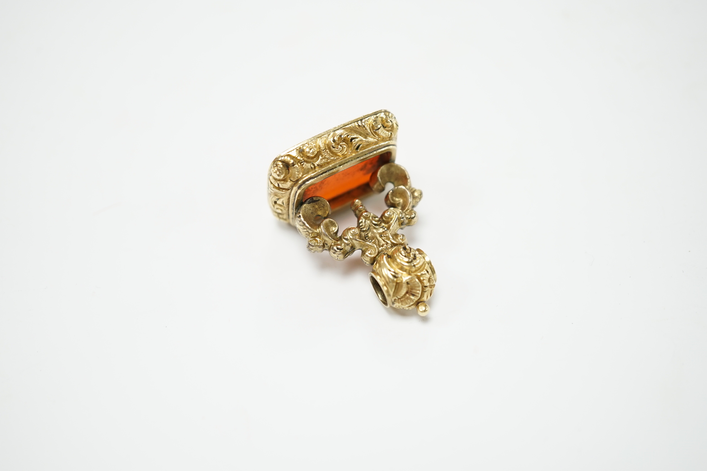 A Victorian yellow metal overlaid and carnelian set fob seal, 34mm.